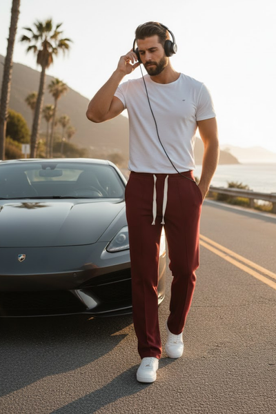 Korean fit Pleated Pant with Drawstring: Mehroon