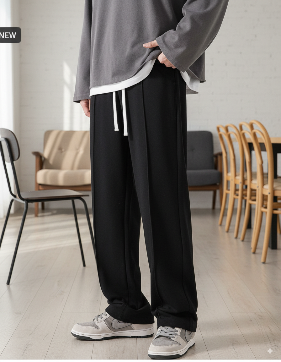 Korean fit Pleated Pant with Drawstring: Black