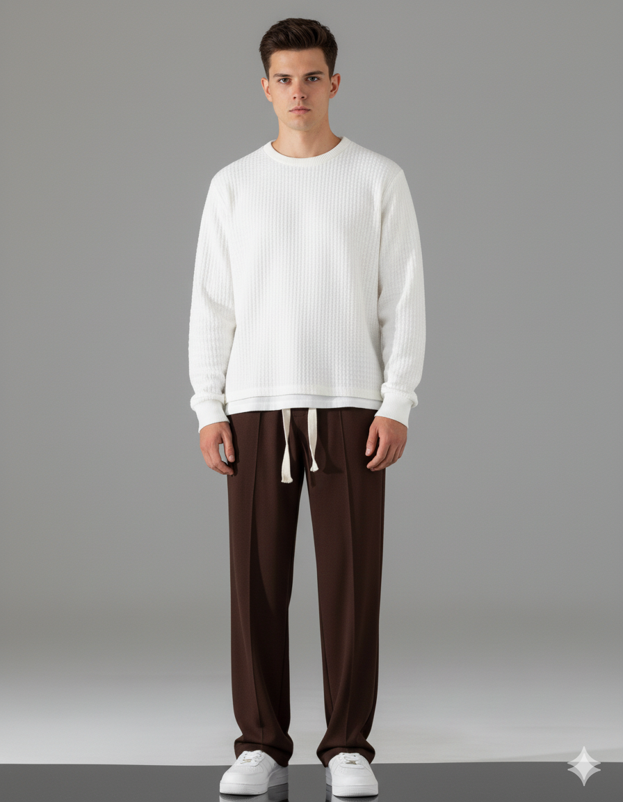 Korean fit Pleated Pant with Drawstring: Brown