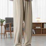 Beige Straight fit Pleated Pant with Drawstring
