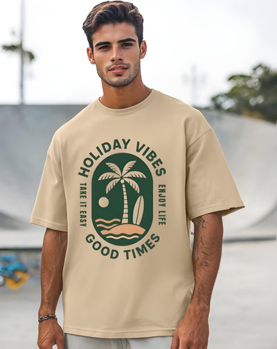 Holiday Vibes Beige Oversized T-shirt